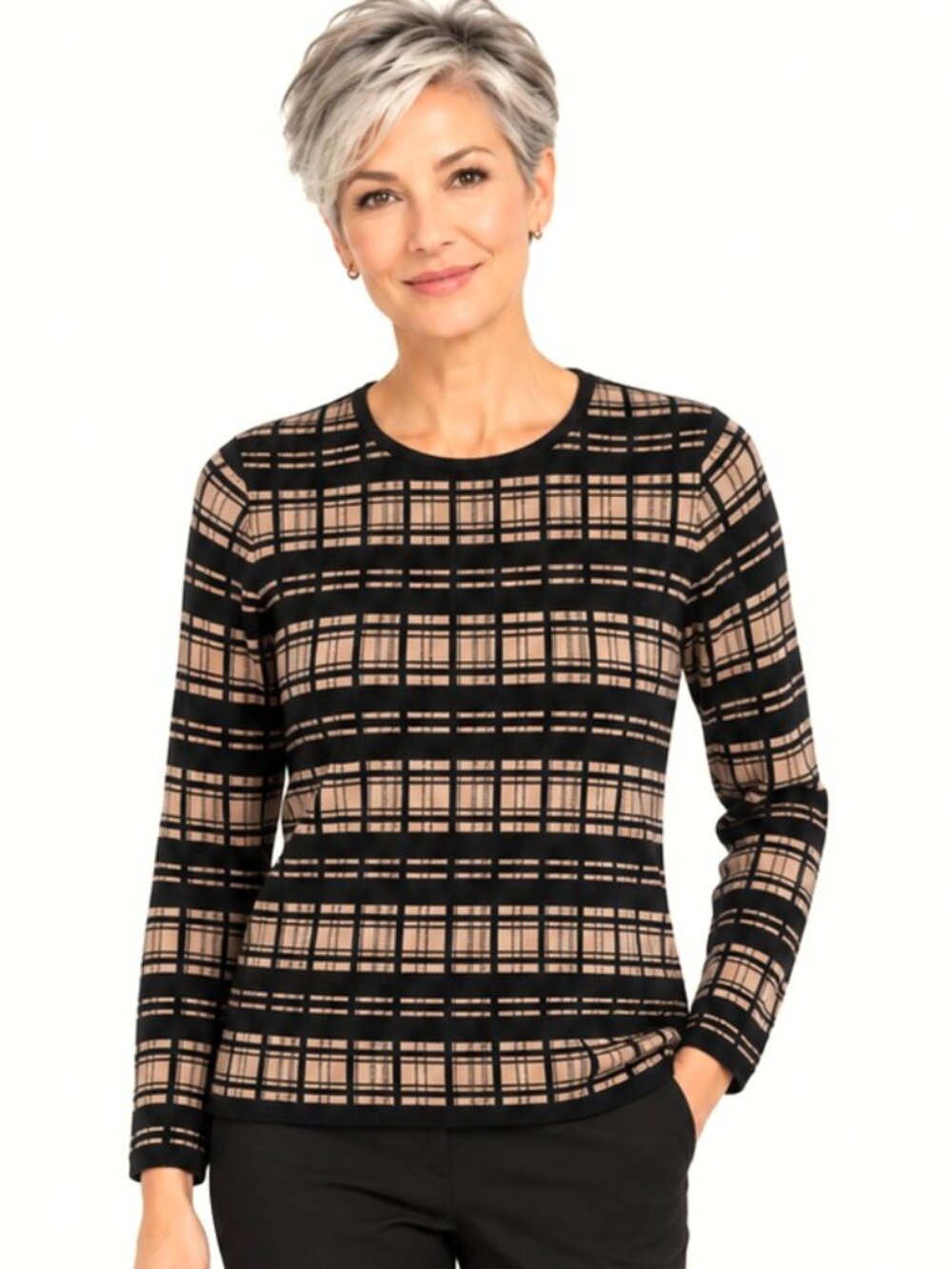 Ann Taylor Black Tan Plaid Long Sleeve Knit Sweater